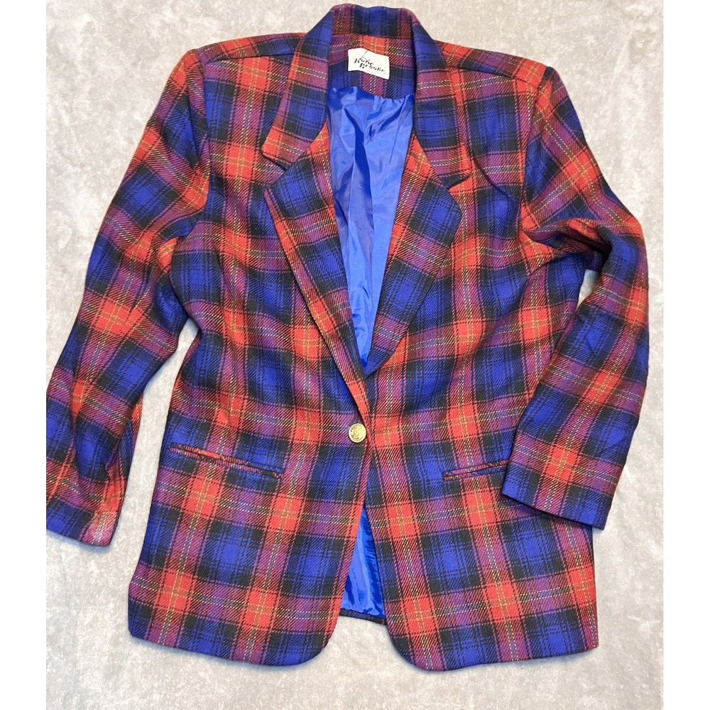 VNTG Katie Brooke Red Blue Plaid Wool Blazer Jacket Women's 12 Made USA Academia